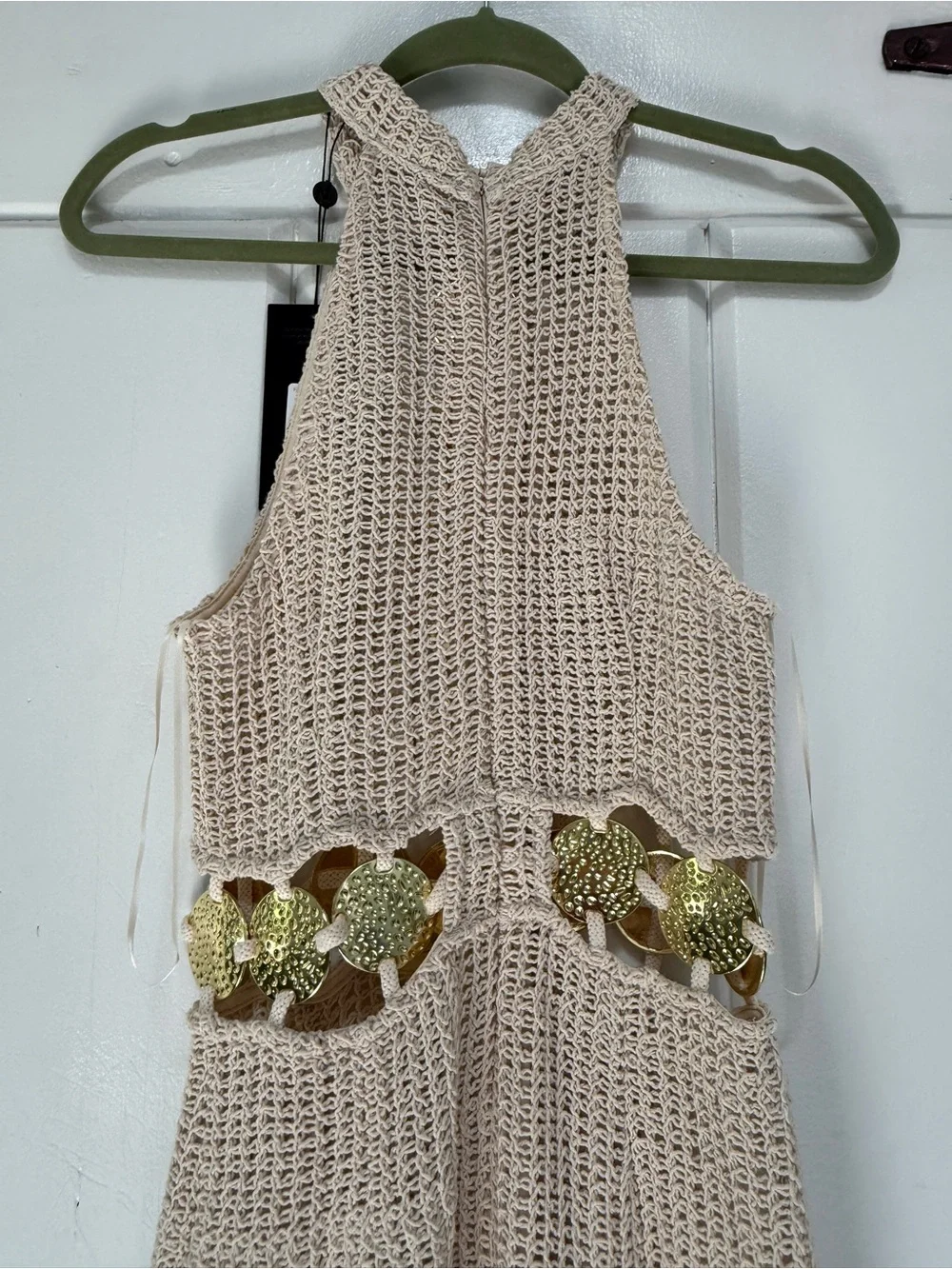 Cream Crochet Halter Maxi Dress with Gold Accent